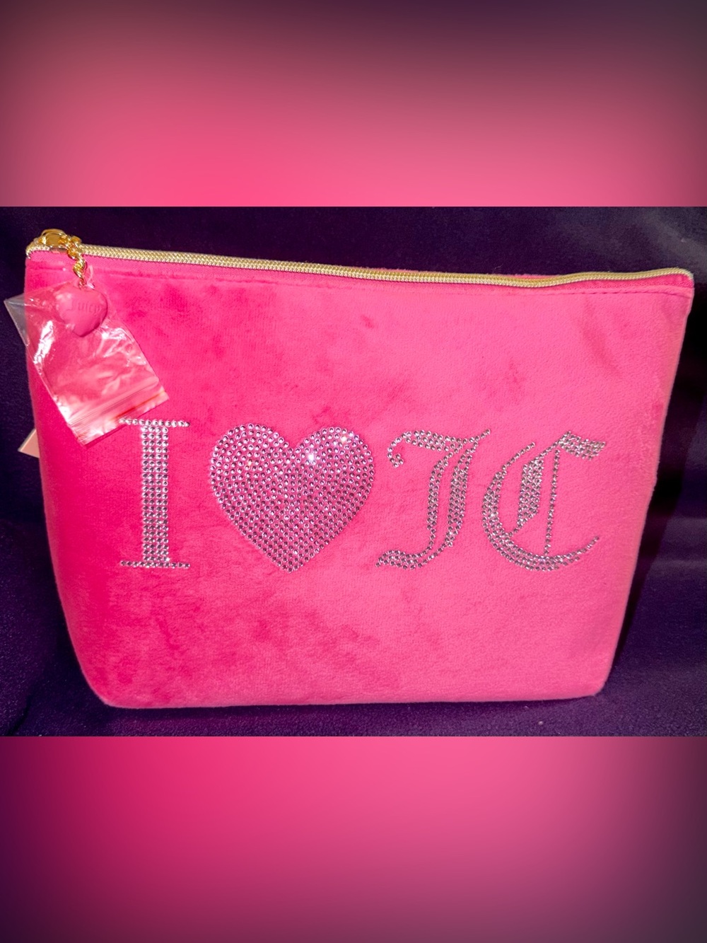 Juicy Couture Pink Crystal Heart Velvet Makeup Pouch